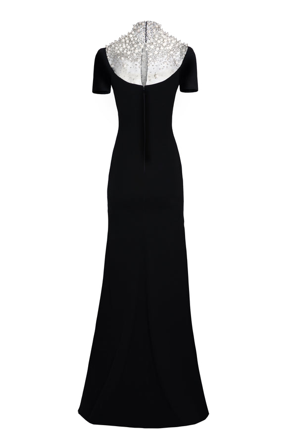 Naeem Khan PEARL EMBELLISHED NECKLINE FIT-AND-FLARE GOWN WITH CAP SLEEVES