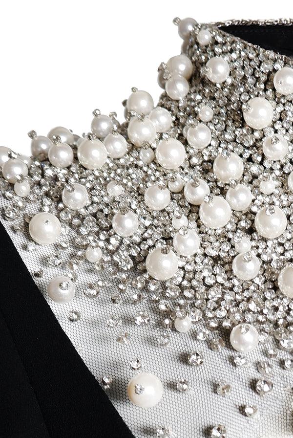 Naeem Khan PEARL EMBELLISHED NECKLINE FIT-AND-FLARE GOWN WITH CAP SLEEVES