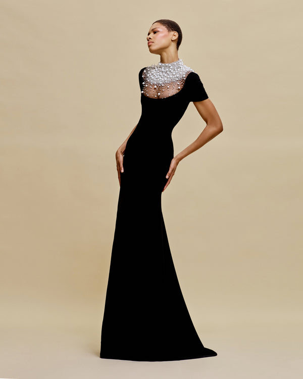 naeem khan PEARL EMBELLISHED NECKLINE FIT-AND-FLARE GOWN WITH CAP SLEEVES