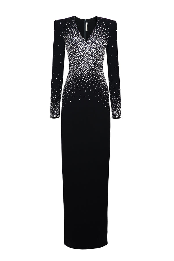 Naeem Khan PEARL EMBELLISHED V-NECK LONG SLEEVE COLUMN GOWN