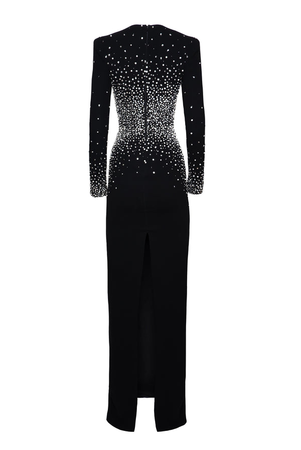 Naeem Khan PEARL EMBELLISHED V-NECK LONG SLEEVE COLUMN GOWN