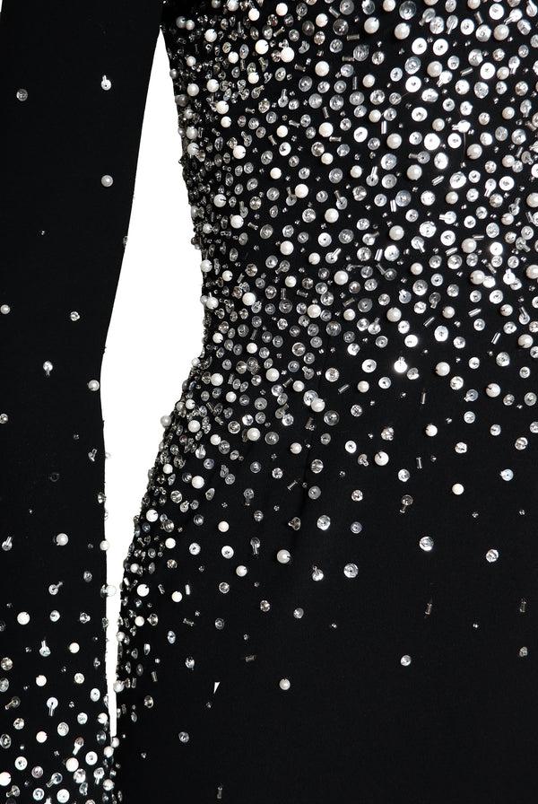 Naeem Khan PEARL EMBELLISHED V-NECK LONG SLEEVE COLUMN GOWN