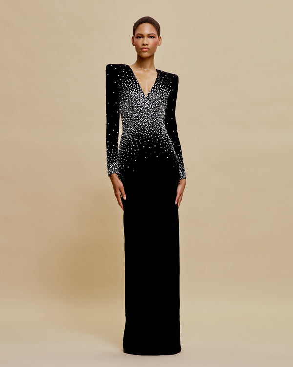 naeem khan PEARL EMBELLISHED V-NECK LONG SLEEVE COLUMN GOWN