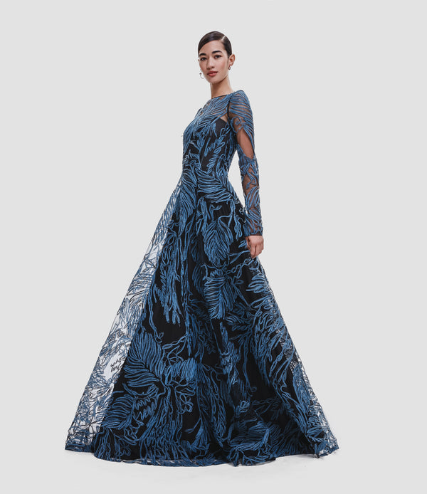 Naeem Khan RAFFIA BOAT NECK FULL SKIRT GOWN WITH LONG SLEEVES