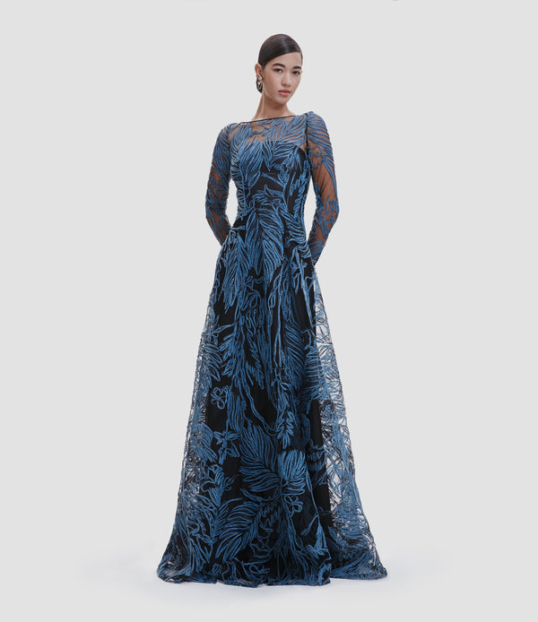 Naeem Khan RAFFIA BOAT NECK FULL SKIRT GOWN WITH LONG SLEEVES