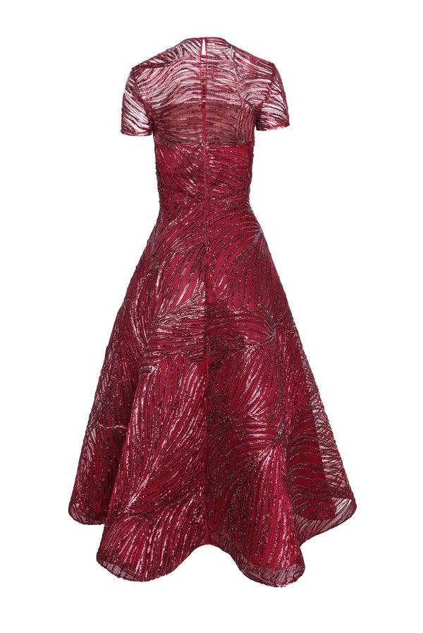 Naeem Khan Raffia Short Sleeve Illusion Neckline Cocktail Dress