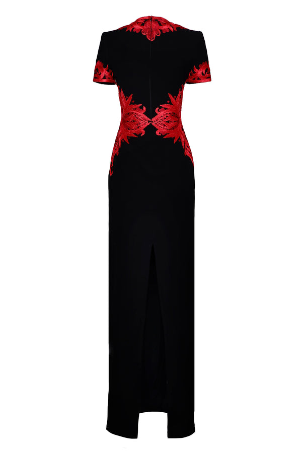 Naeem Khan RIBBON EMBROIDERED CAP SLEEVE COLUMN GOWN