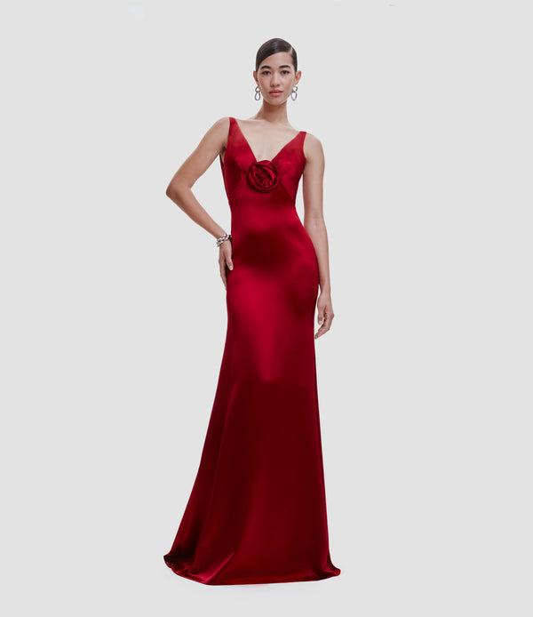 naeem khan SATIN EMPIRE WAIST V-NECK GOWN WITH FLOWER