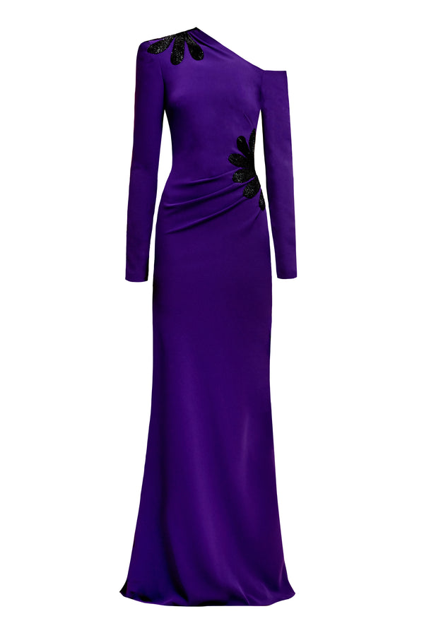 Naeem Khan SCOOP NECK COLLUMN GOWN WITH CAP SLEEVES AND EMBELLISHED WAIST