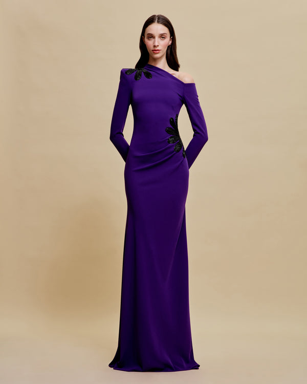 naeem khan SCOOP NECK COLLUMN GOWN WITH CAP SLEEVES AND EMBELLISHED WAIST