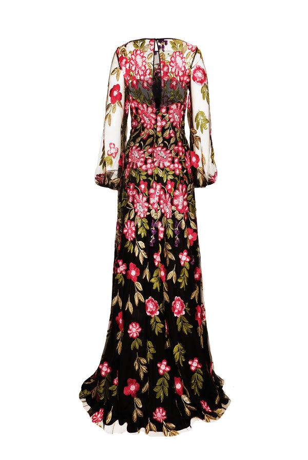 Naeem Khan SEQUIN FLORAL BOATNECK GOWN WITH FULL SLEEVES