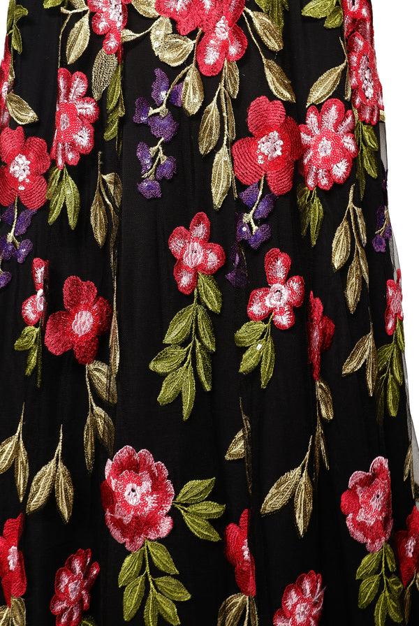 Naeem Khan SEQUIN FLORAL BOATNECK GOWN WITH FULL SLEEVES