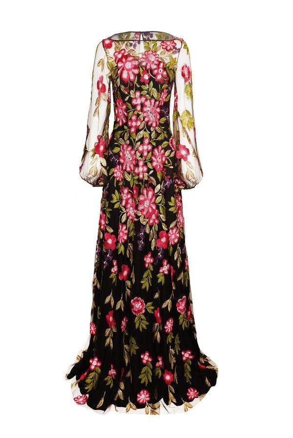 Naeem Khan SEQUIN FLORAL BOATNECK GOWN WITH FULL SLEEVES