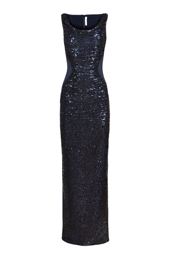 naeem khan STRETCH SEQUIN AND CREPE SCOOP NECK GOWN