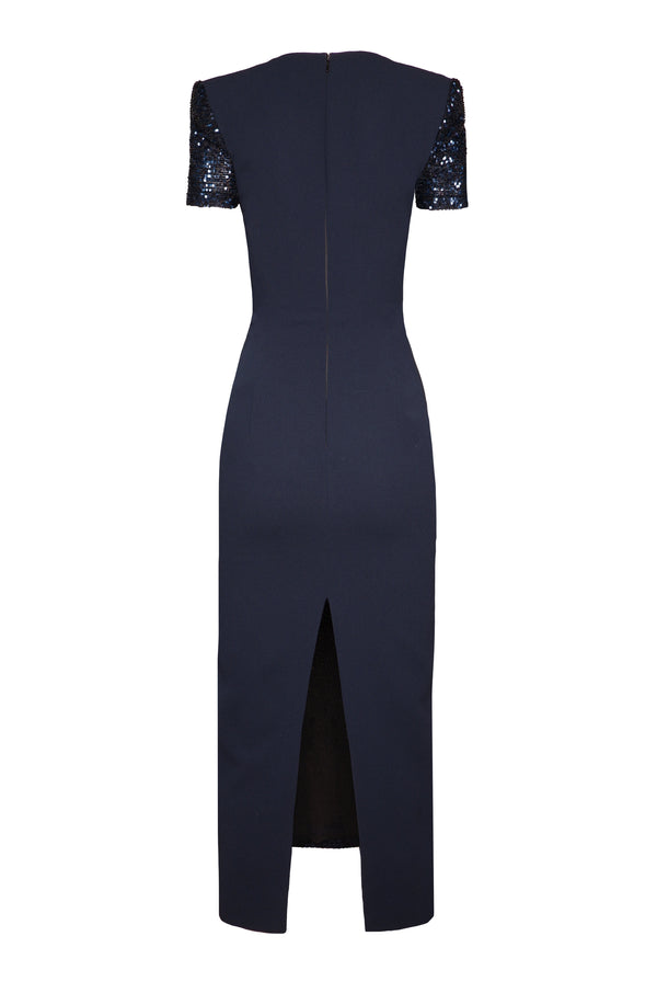 Naeem Khan STRETCH SEQUIN AND CREPE SHORT SLEEVE TEA-LENGTH DRESS