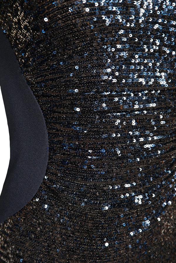 Naeem Khan STRETCH SEQUIN AND CREPE SHORT SLEEVE TEA-LENGTH DRESS