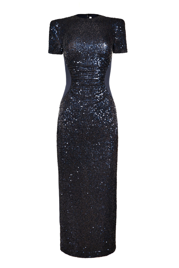 Naeem Khan STRETCH SEQUIN AND CREPE SHORT SLEEVE TEA-LENGTH DRESS