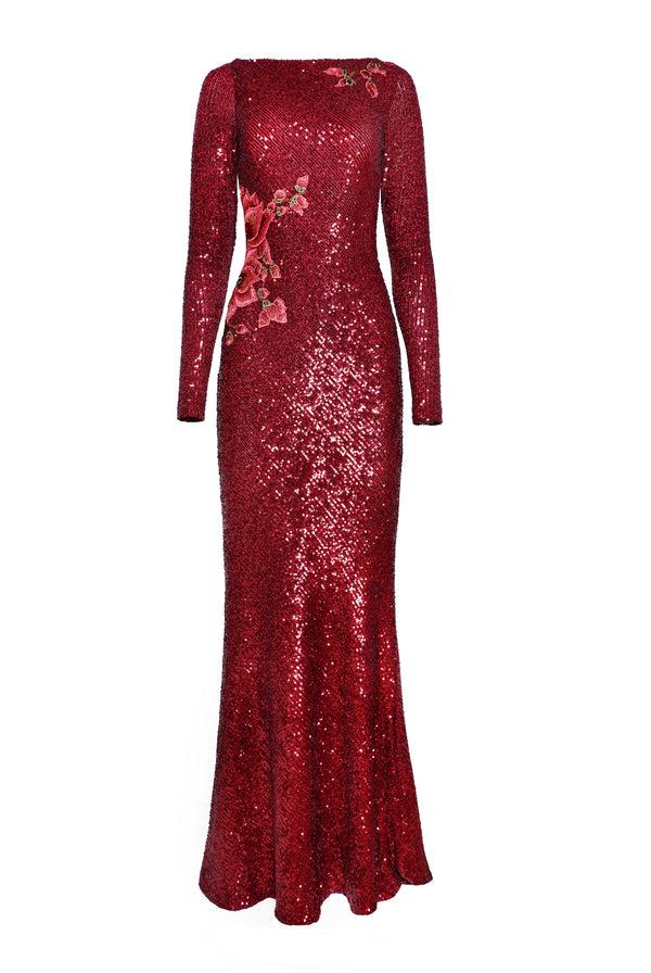 Naeem Khan STRETCH SEQUIN BOAT NECK FIT-AND-FLARE GOWN WITH LONG SLEEVES