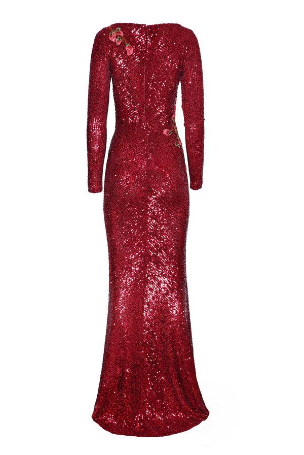 Naeem Khan STRETCH SEQUIN BOAT NECK FIT-AND-FLARE GOWN WITH LONG SLEEVES