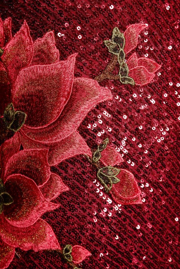 Naeem Khan STRETCH SEQUIN BOAT NECK FIT-AND-FLARE GOWN WITH LONG SLEEVES