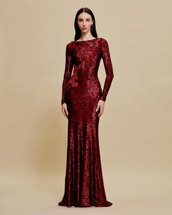 naeem khan STRETCH SEQUIN BOAT NECK FIT-AND-FLARE GOWN WITH LONG SLEEVES