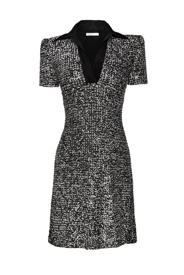 Naeem Khan STRETCH SEQUIN CAP SLEEVE COLLARED DRESS