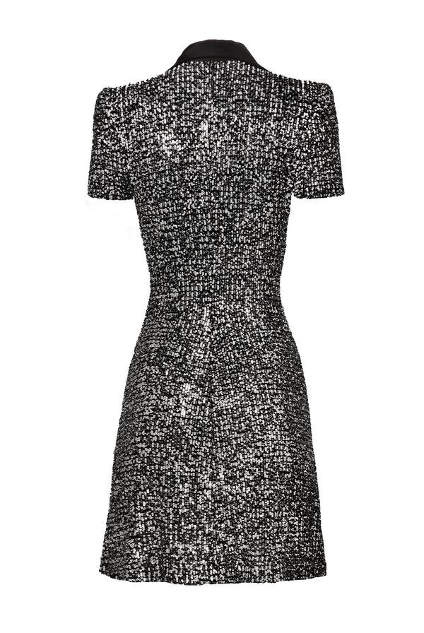 Naeem Khan STRETCH SEQUIN CAP SLEEVE COLLARED DRESS