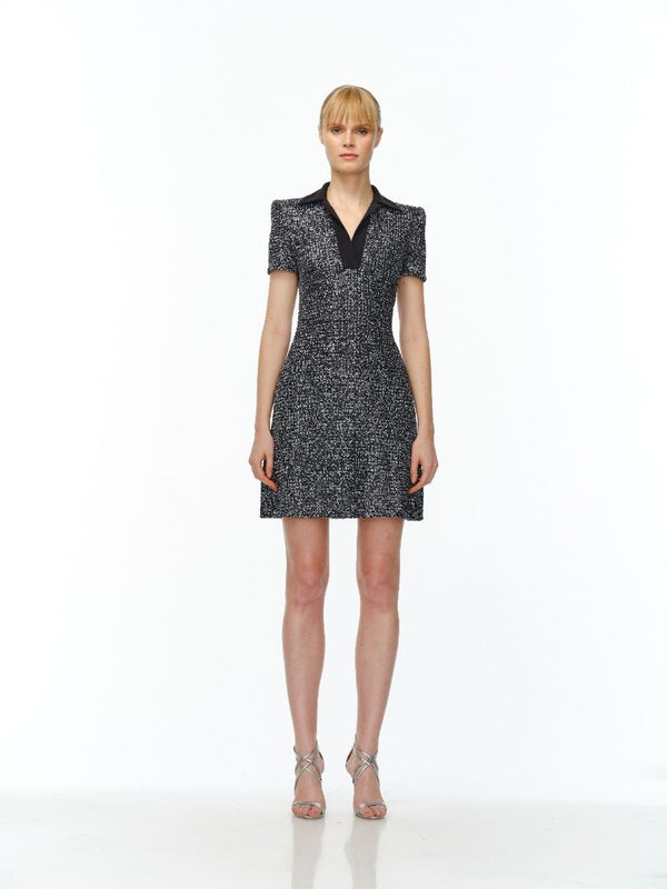 naeem khan STRETCH SEQUIN CAP SLEEVE COLLARED DRESS