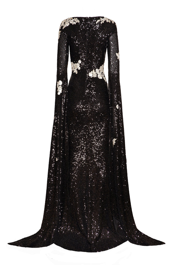 Naeem Khan STRETCH SEQUIN CASCADING SLEEVE FLORAL APPLIQUE GOWN