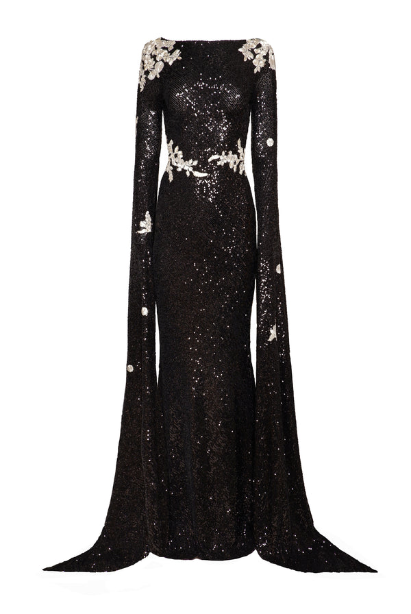 Naeem Khan STRETCH SEQUIN CASCADING SLEEVE FLORAL APPLIQUE GOWN