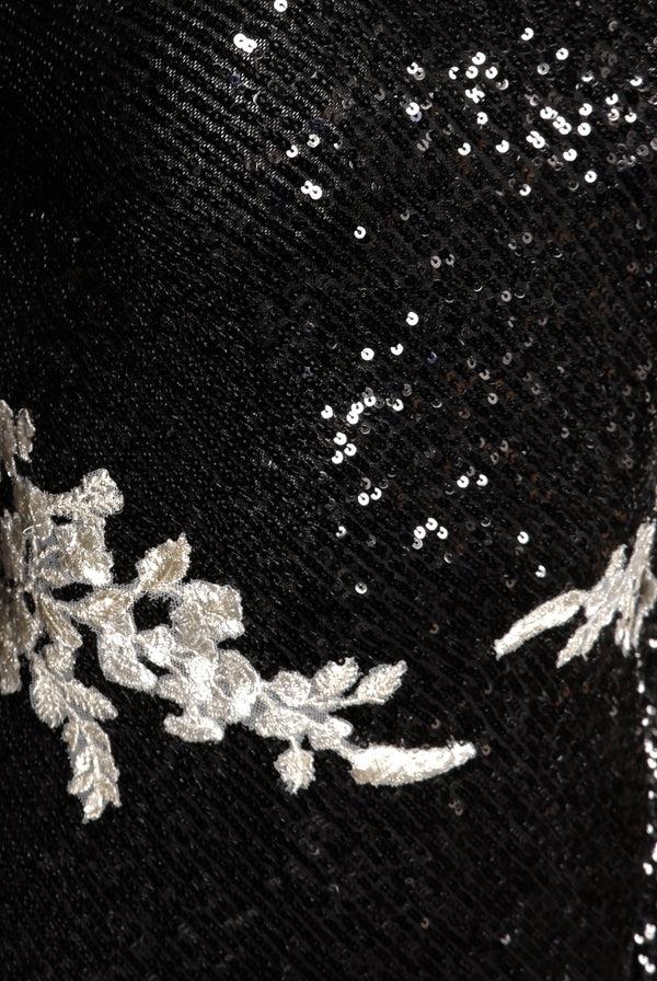 Naeem Khan STRETCH SEQUIN CASCADING SLEEVE FLORAL APPLIQUE GOWN