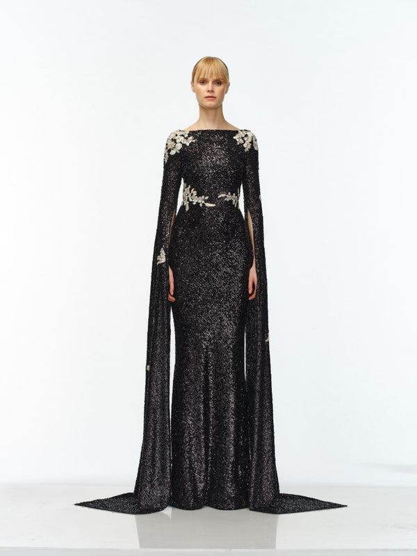 naeem khan STRETCH SEQUIN CASCADING SLEEVE FLORAL APPLIQUE GOWN