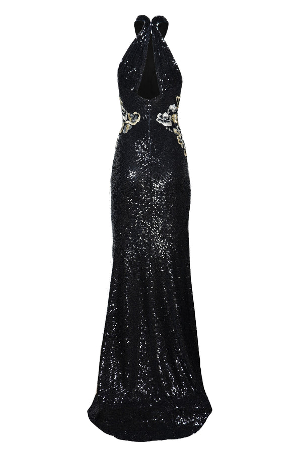 Naeem Khan STRETCH SEQUIN CRISS-CROSS NECK FIT-AND-FLARE GOWN