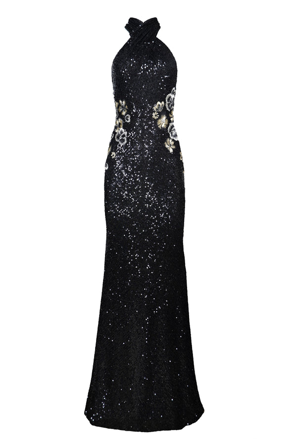 Naeem Khan STRETCH SEQUIN CRISS-CROSS NECK FIT-AND-FLARE GOWN