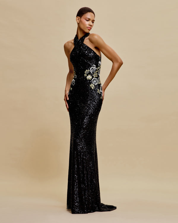 naeem khan STRETCH SEQUIN CRISS-CROSS NECK FIT-AND-FLARE GOWN