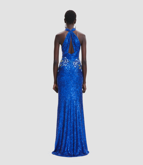 Naeem Khan STRETCH SEQUIN CRISS-CROSS NECK GOWN WITH FLORAL APPLIQUE