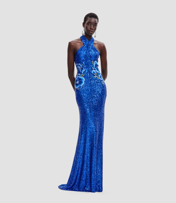 naeem khan STRETCH SEQUIN CRISS-CROSS NECK GOWN WITH FLORAL APPLIQUE