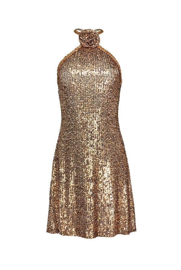 Naeem Khan STRETCH SEQUIN HALTER DRESS WITH BEADED TRIM