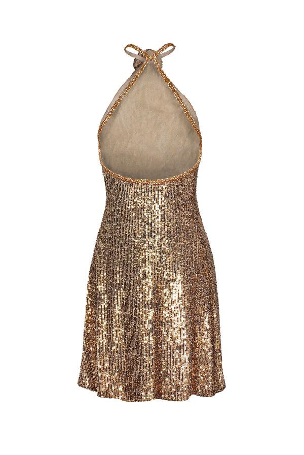 Naeem Khan STRETCH SEQUIN HALTER DRESS WITH BEADED TRIM
