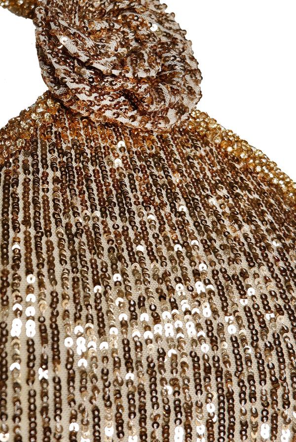 Naeem Khan STRETCH SEQUIN HALTER DRESS WITH BEADED TRIM