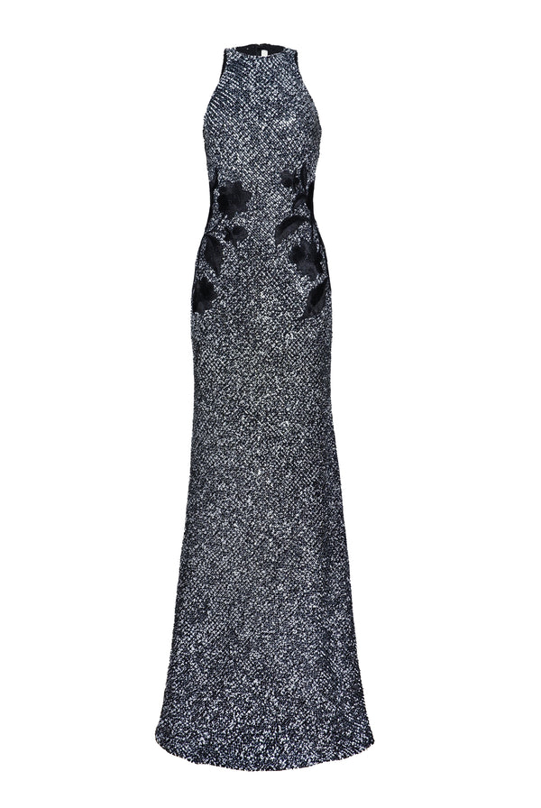 Naeem Khan STRETCH SEQUIN HALTER FIT-AND-FLARE GOWN