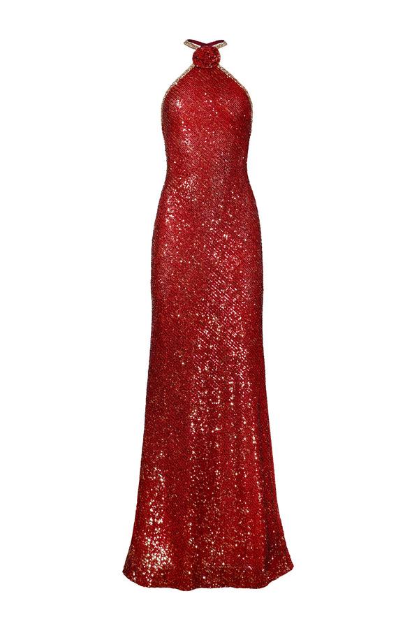 Naeem Khan STRETCH SEQUIN HALTER FIT-AND-FLARE GOWN WITH BEADED TRIM