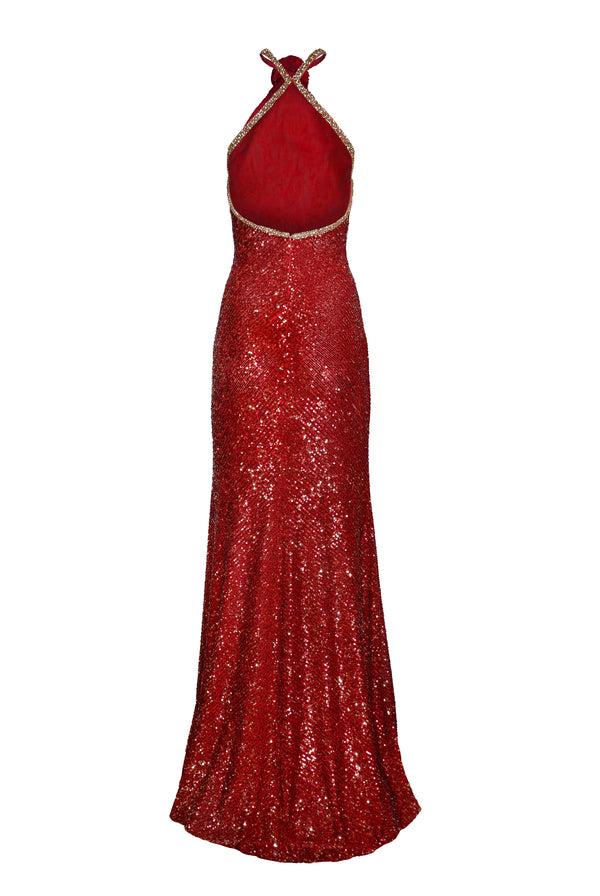 Naeem Khan STRETCH SEQUIN HALTER FIT-AND-FLARE GOWN WITH BEADED TRIM