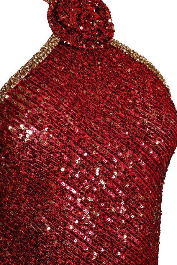 Naeem Khan STRETCH SEQUIN HALTER FIT-AND-FLARE GOWN WITH BEADED TRIM