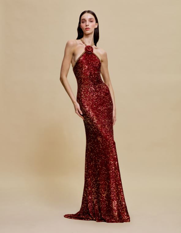 naeem khan STRETCH SEQUIN HALTER FIT-AND-FLARE GOWN WITH BEADED TRIM