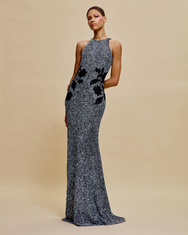 naeem khan STRETCH SEQUIN HALTER FIT-AND-FLARE GOWN