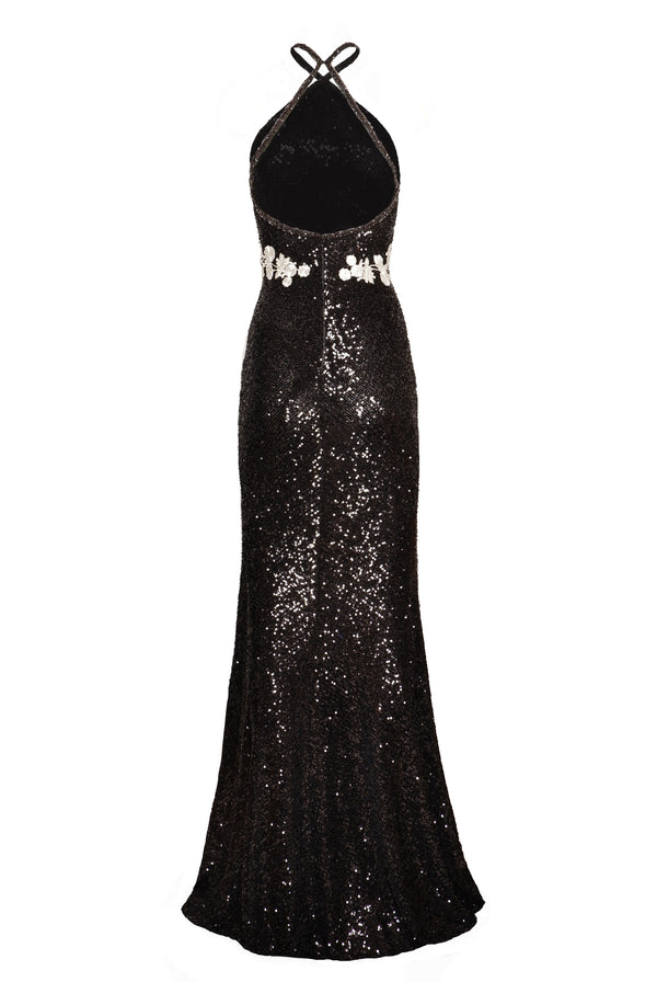 Naeem Khan STRETCH SEQUIN HALTER FLORAL APPLIQUE GOWN