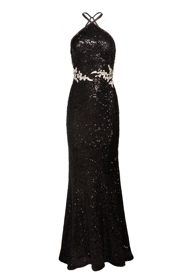 Naeem Khan STRETCH SEQUIN HALTER FLORAL APPLIQUE GOWN
