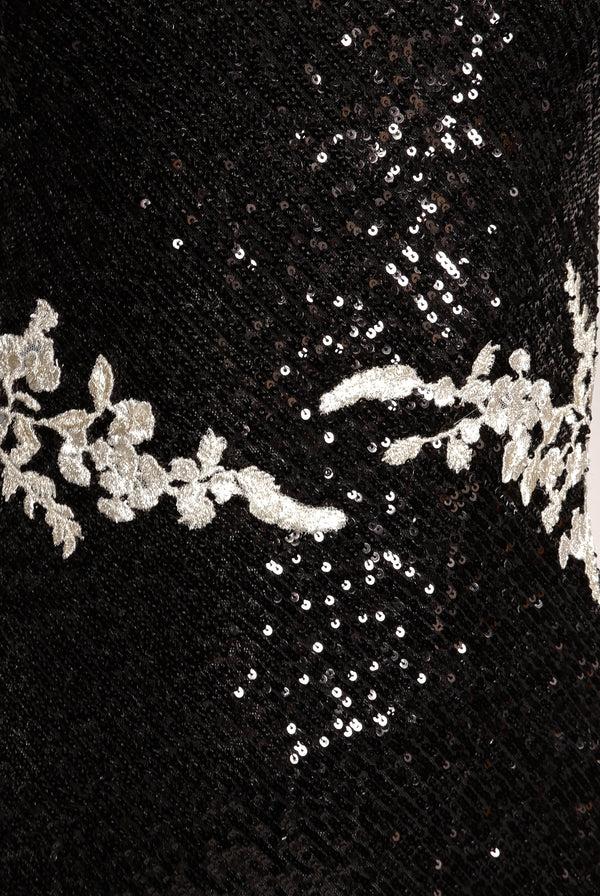 Naeem Khan STRETCH SEQUIN HALTER FLORAL APPLIQUE GOWN