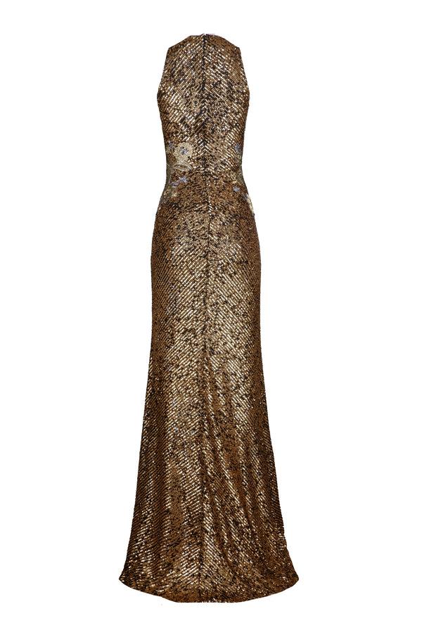 Naeem Khan Stretch Sequin Halter Floral Applique Gown